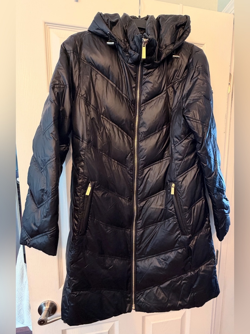 Michael Kors Women's Black Long Quilted Puffer Coat with Hood